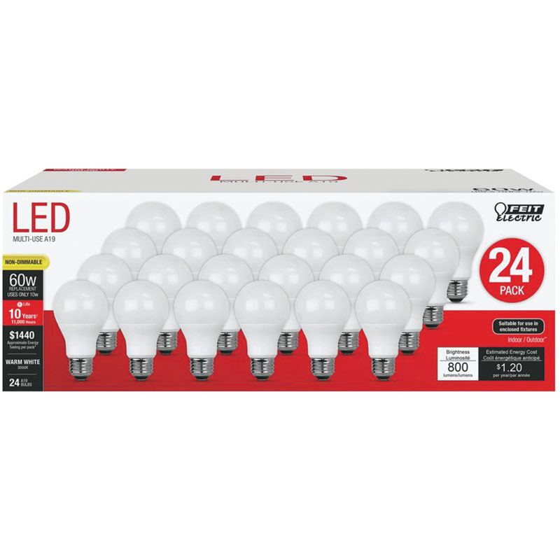 60W Feit® Electric A19 E26 Medium LED Bulb Warm White, 24 Pk.