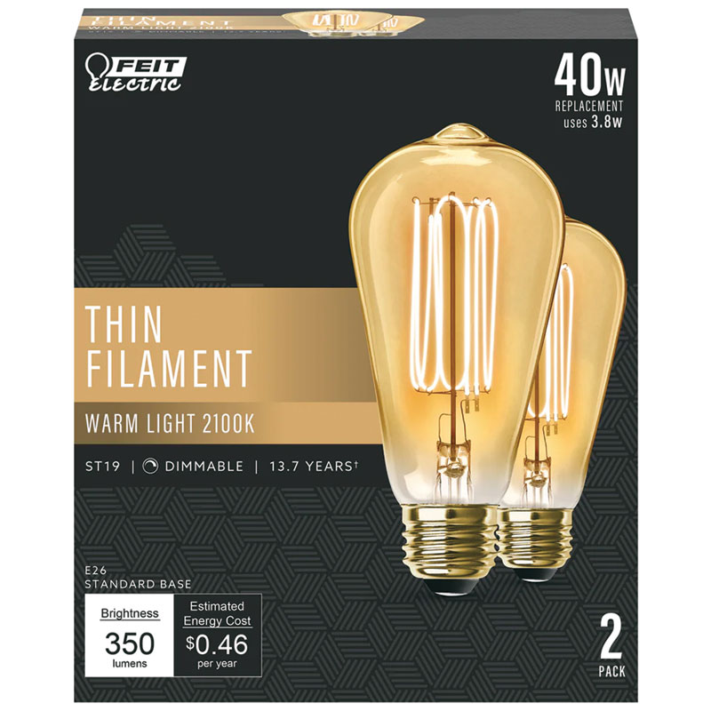 Feit® Thin Filament Warm White 2100K LED 40 Watt Equivalence, 2 Pk.